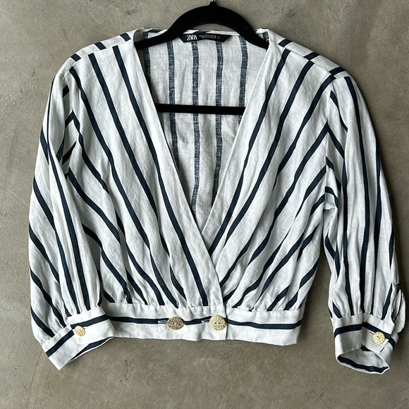 ZARA linen stripe nautical long sleeve V neck top with gold buttons - Picture 1 of 4